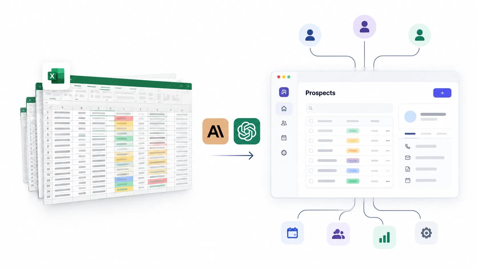 Un fichier Excel transformé, via Claude et ChatGPT, en interface de suivi des prospects reliée aux utilisateurs, au planning, à l’équipe et aux indicateurs