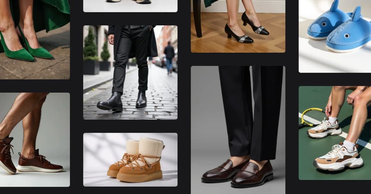 Mosaïque de visuels de chaussures générés par IA : escarpins, bottines, mocassins et baskets en situation